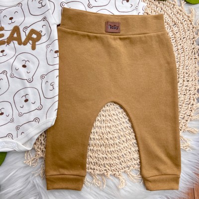Conj. Body Manga Longa Bear e Calça - Off White e Caramelo